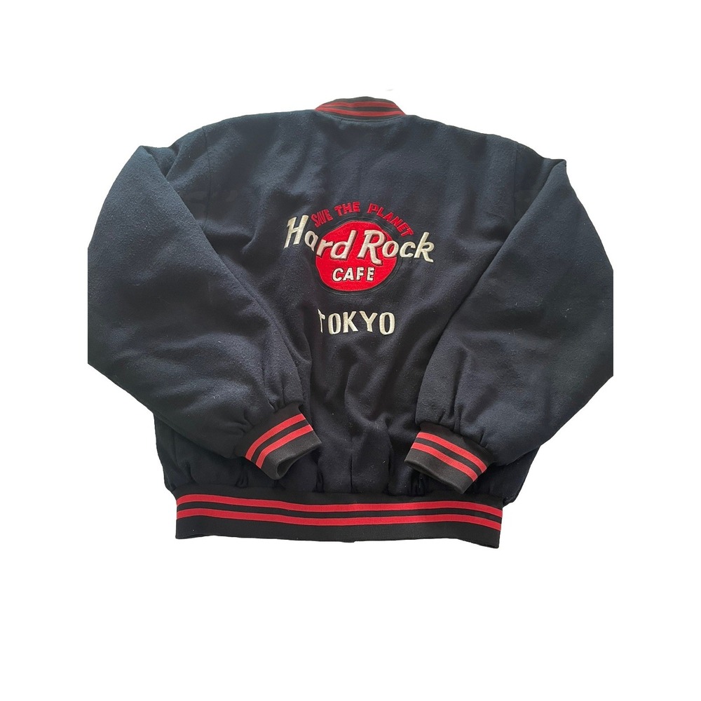 VTG Hard Rock Cafe Tokyo Save The Planet US Navy Varsity Bomber Jacket Black‎ M